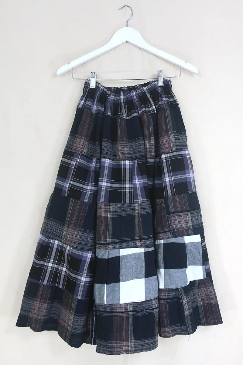 Adelaide Patchwork Maxi Skirt in Raven Black & Purple Plaid