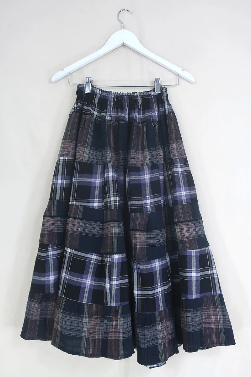 Adelaide Patchwork Maxi Skirt in Raven Black & Purple Plaid