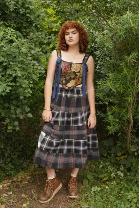 Adelaide Patchwork Maxi Skirt in Raven Black & Purple Plaid