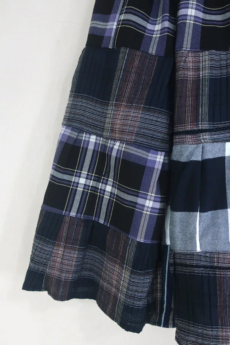 Adelaide Patchwork Maxi Skirt in Raven Black & Purple Plaid