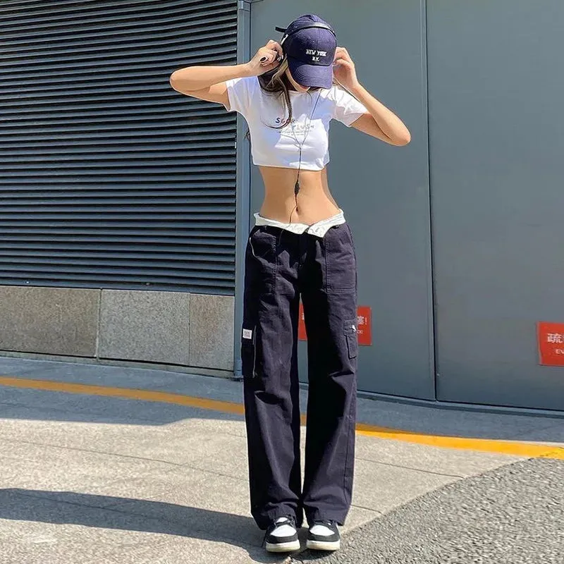 Back To School Joskaa Women Y2K Grunge Vintage Casual Cargo Pants Low Waist Patchwork Straight-leg Trousers with Multiple Pockets