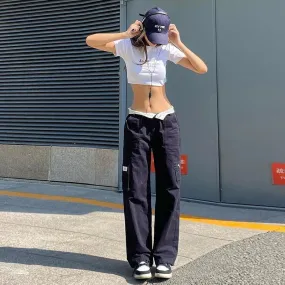 Back To School Joskaa Women Y2K Grunge Vintage Casual Cargo Pants Low Waist Patchwork Straight-leg Trousers with Multiple Pockets