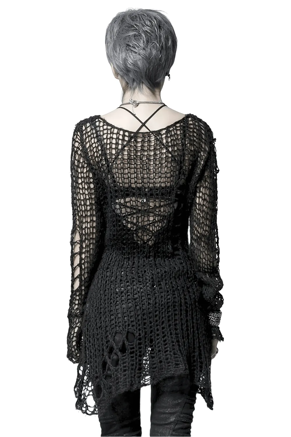 Black Shredded Knit Crocheted Sweater with Long Sleeves
