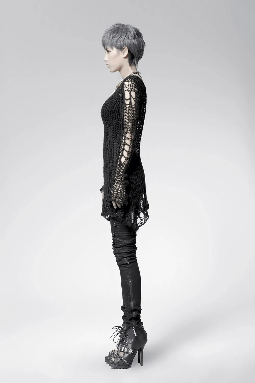 Black Shredded Knit Crocheted Sweater with Long Sleeves