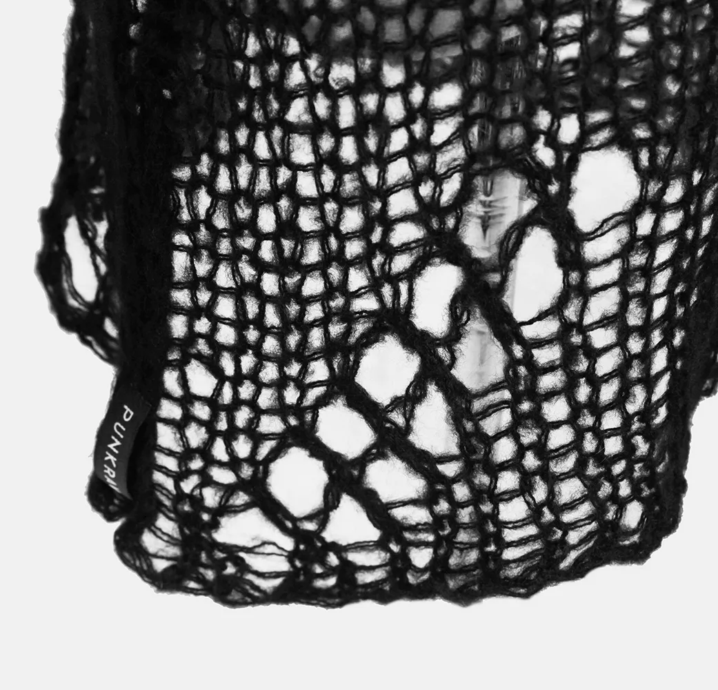 Black Shredded Knit Crocheted Sweater with Long Sleeves