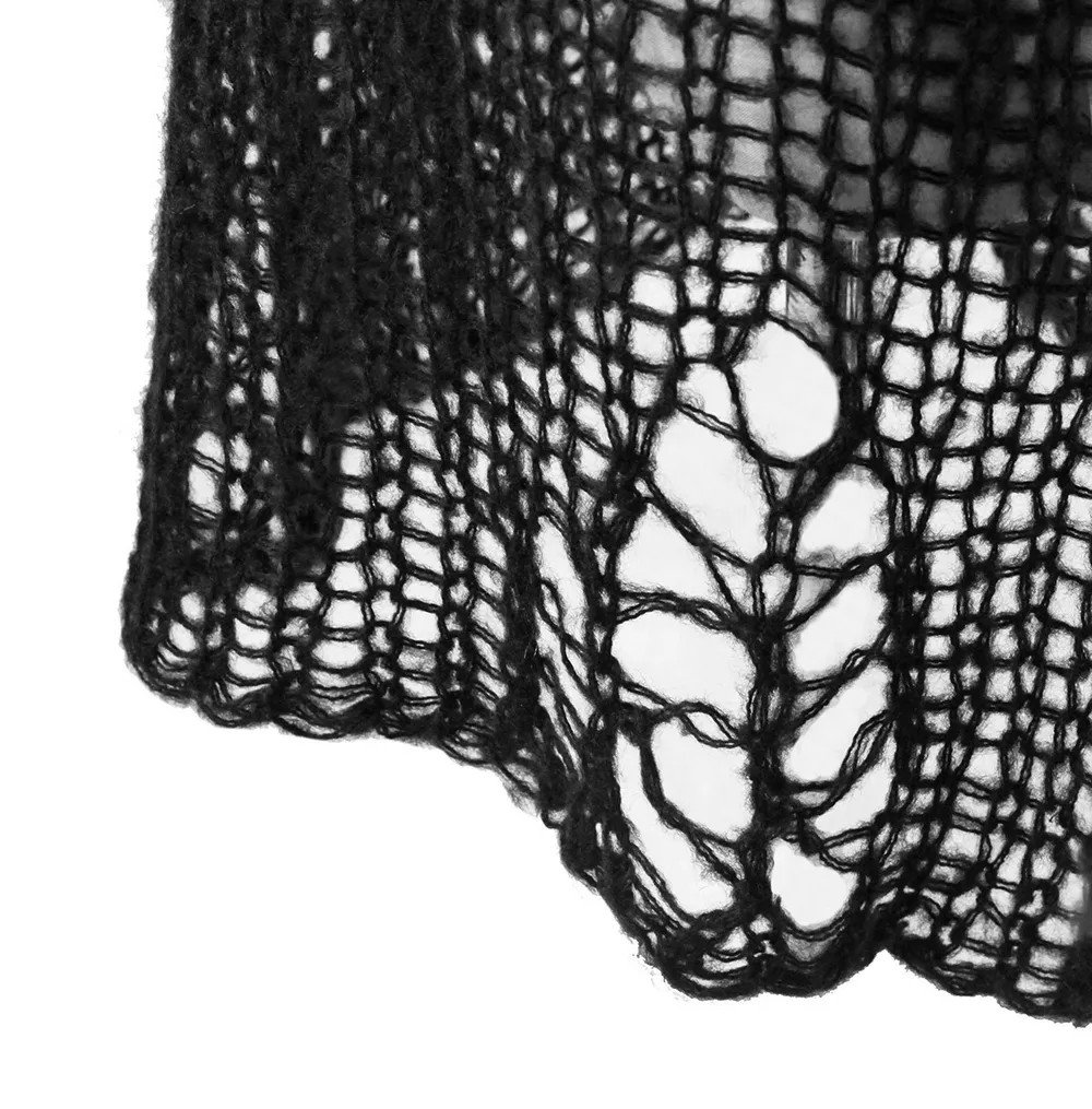 Black Shredded Knit Crocheted Sweater with Long Sleeves