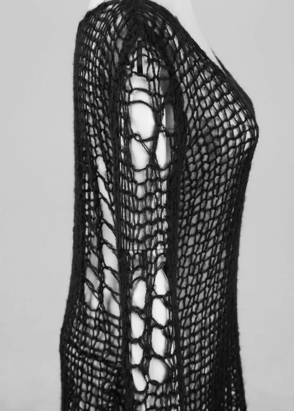 Black Shredded Knit Crocheted Sweater with Long Sleeves
