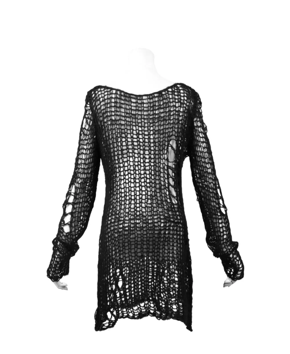 Black Shredded Knit Crocheted Sweater with Long Sleeves