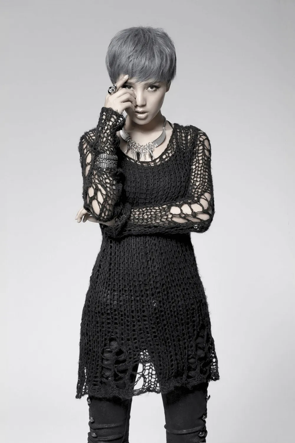 Black Shredded Knit Crocheted Sweater with Long Sleeves