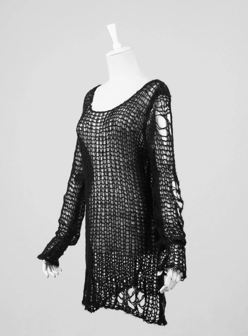 Black Shredded Knit Crocheted Sweater with Long Sleeves