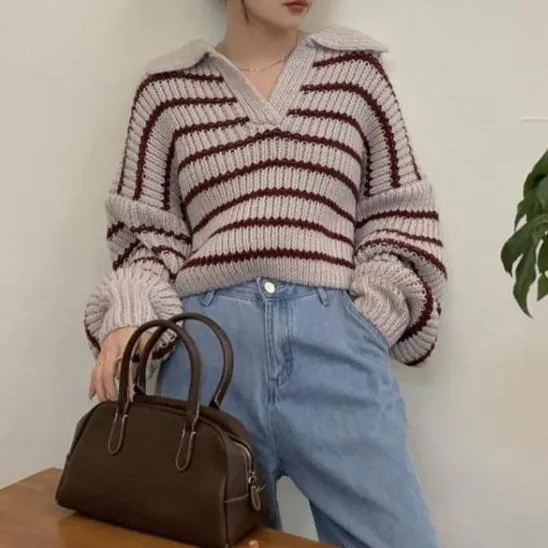christmas outfit Sonicelife Polo Neck Striped Oversized Sweater