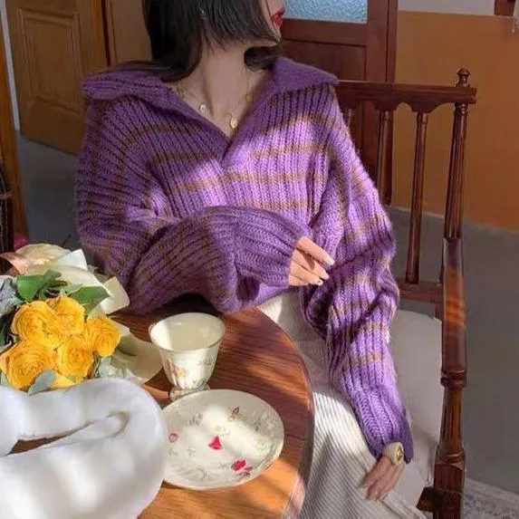 christmas outfit Sonicelife Polo Neck Striped Oversized Sweater