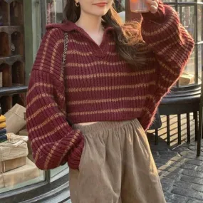christmas outfit Sonicelife Polo Neck Striped Oversized Sweater
