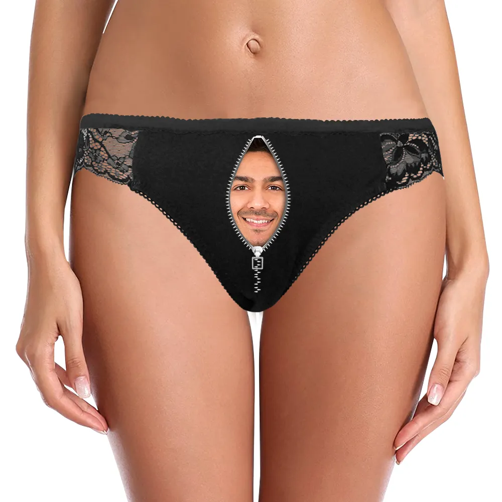 Custom Face Zipper Black Lace Panties Sexy Underwear Unique Gift for Her