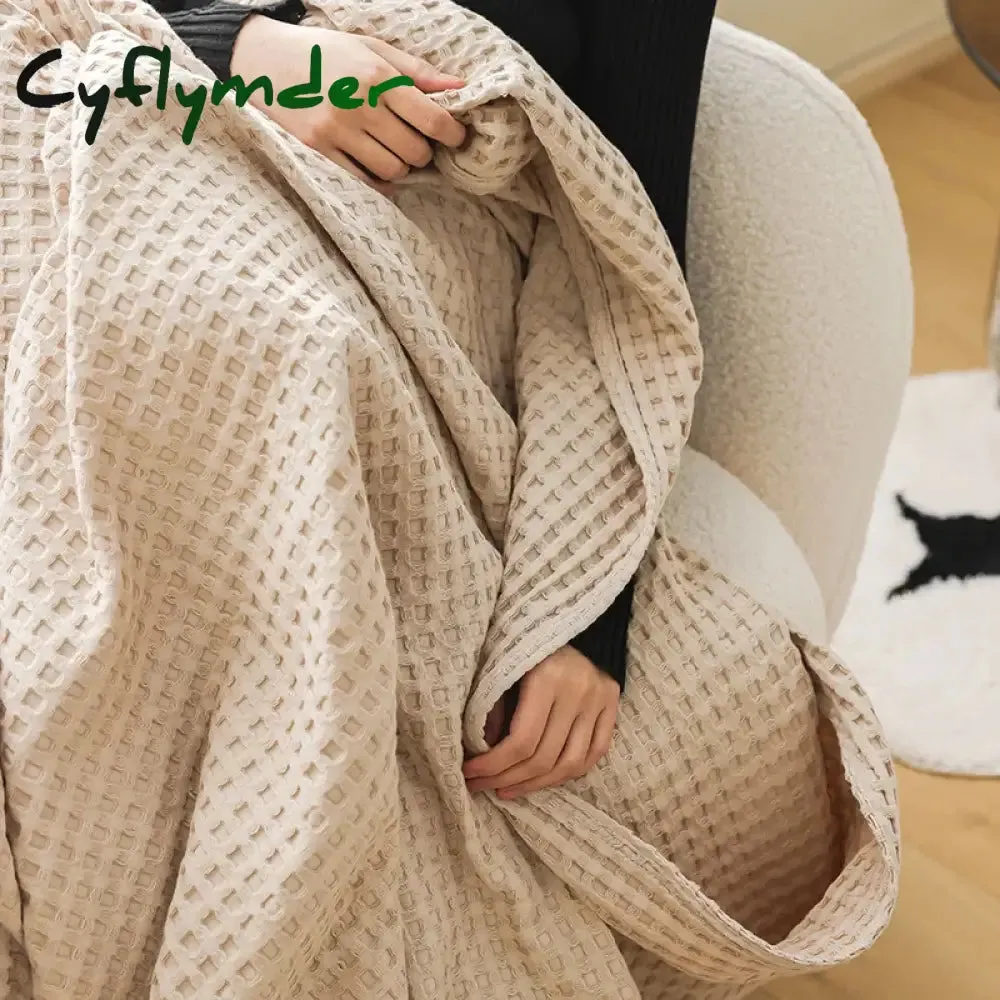 Cyflymder Nordic Style 3D Waffle Plaid Blanket Pure Cotton Knitted Blankets Solid Color Household Travel Sofa Cover Summer Multipurpose