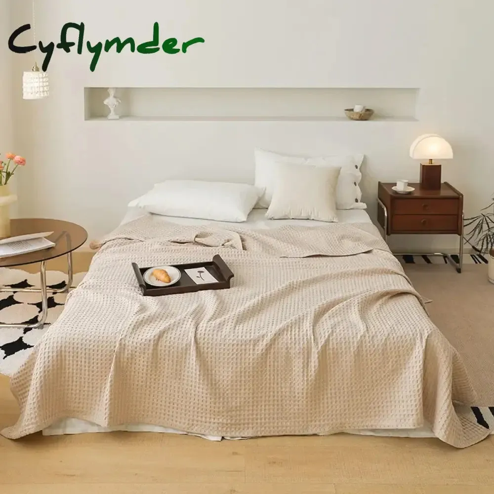 Cyflymder Nordic Style 3D Waffle Plaid Blanket Pure Cotton Knitted Blankets Solid Color Household Travel Sofa Cover Summer Multipurpose