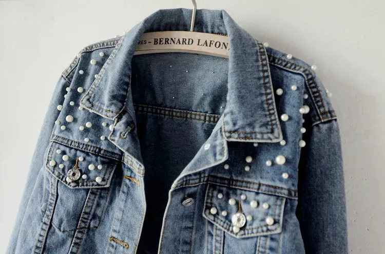 Denim Coat Women Cotton Spring Autumn Ropa Cardigan Jeans Pearl Punk Gothic Bomber Jacket Windbreaker