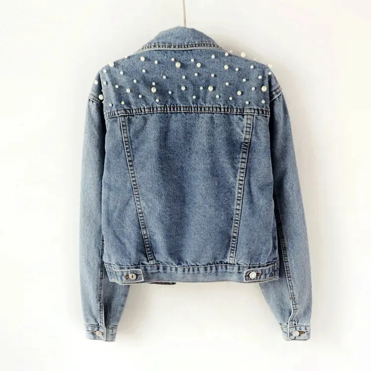 Denim Coat Women Cotton Spring Autumn Ropa Cardigan Jeans Pearl Punk Gothic Bomber Jacket Windbreaker