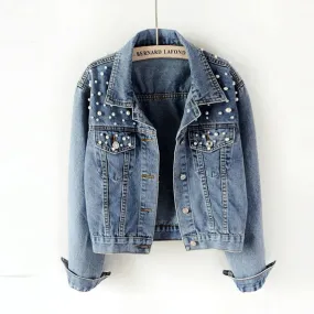 Denim Coat Women Cotton Spring Autumn Ropa Cardigan Jeans Pearl Punk Gothic Bomber Jacket Windbreaker
