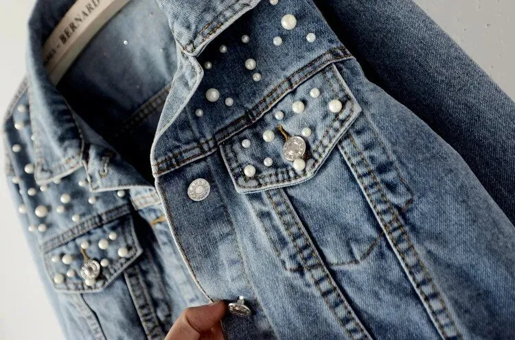 Denim Coat Women Cotton Spring Autumn Ropa Cardigan Jeans Pearl Punk Gothic Bomber Jacket Windbreaker