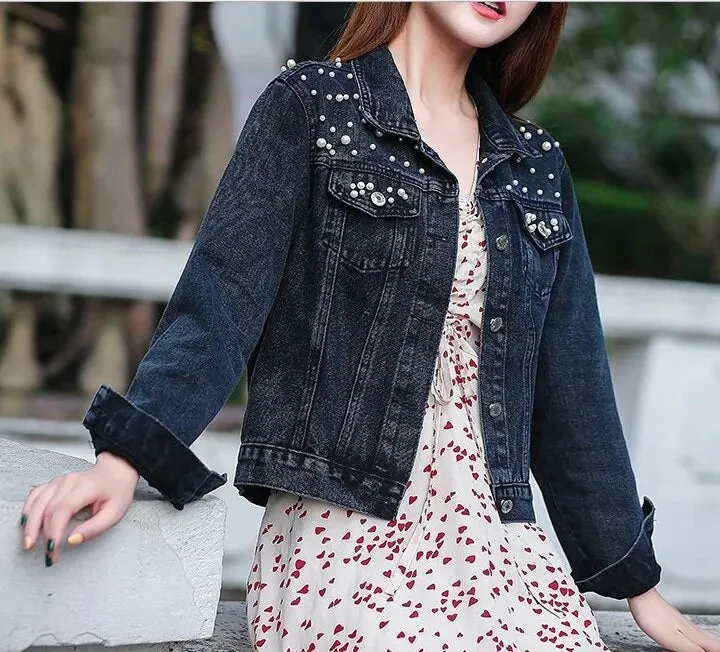 Denim Coat Women Cotton Spring Autumn Ropa Cardigan Jeans Pearl Punk Gothic Bomber Jacket Windbreaker