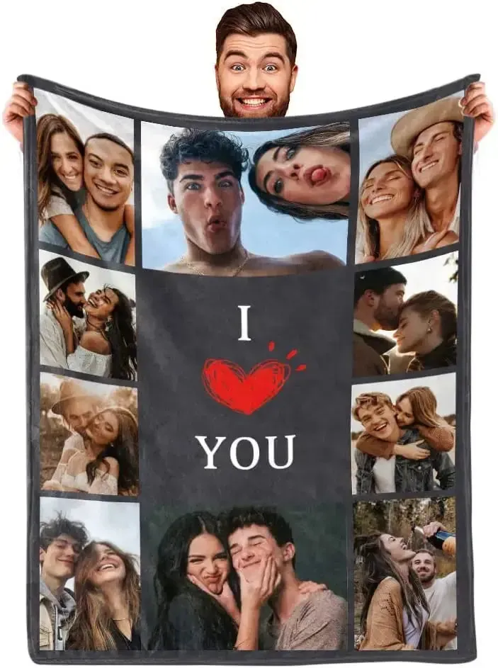 I Love You Custom Blanket Photo Collage Text Personalized Picture Throw Blanket Valentine's Day Birthday Gift