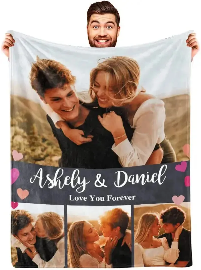 I Love You Custom Blanket Photo Collage Text Personalized Picture Throw Blanket Valentine's Day Birthday Gift