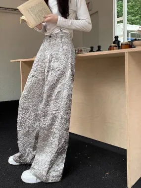 Joskaa 2024 Spring New Silvery Ruched Cargo Pants Women Fashion Simple High Waist Straight Trousers Y2k Grunge Loose Wide Leg