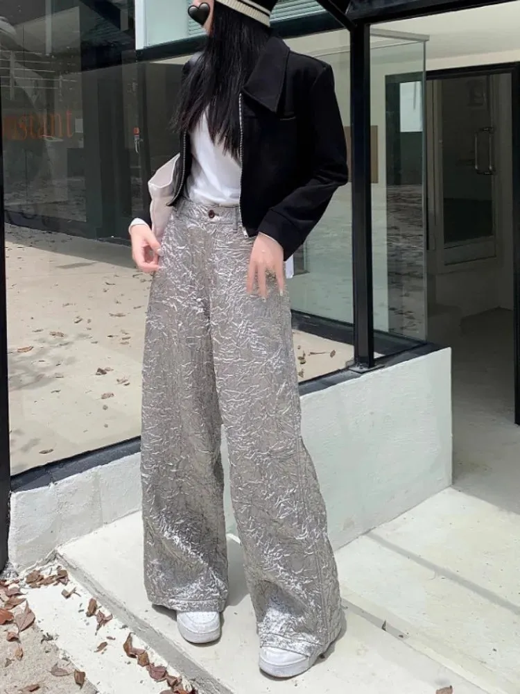 Joskaa 2024 Spring New Silvery Ruched Cargo Pants Women Fashion Simple High Waist Straight Trousers Y2k Grunge Loose Wide Leg