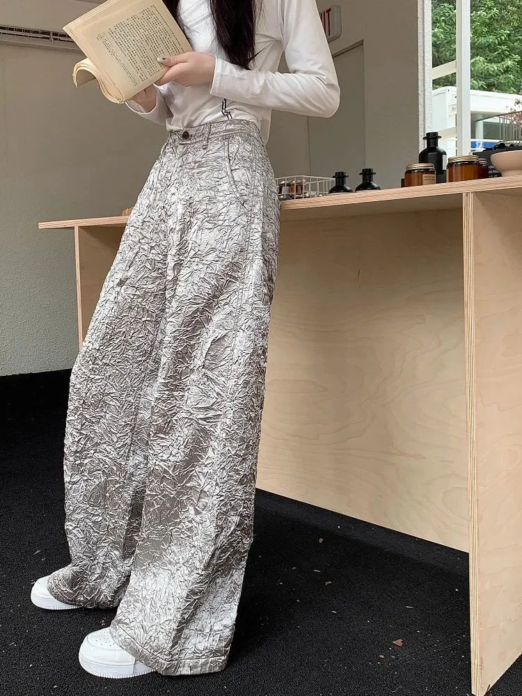 Joskaa 2024 Spring New Silvery Ruched Cargo Pants Women Fashion Simple High Waist Straight Trousers Y2k Grunge Loose Wide Leg