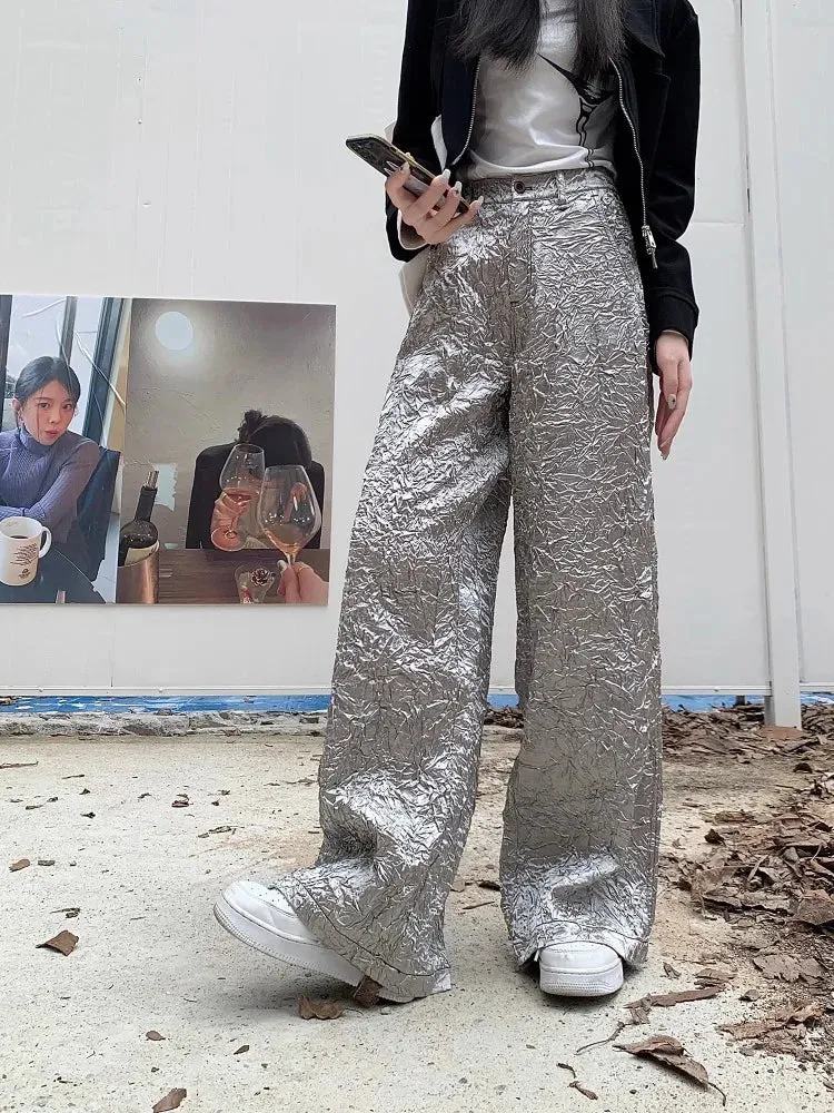 Joskaa 2024 Spring New Silvery Ruched Cargo Pants Women Fashion Simple High Waist Straight Trousers Y2k Grunge Loose Wide Leg