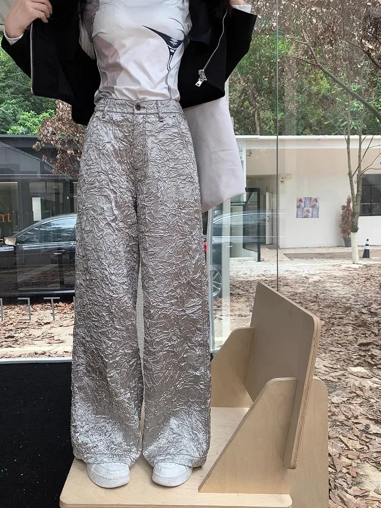 Joskaa 2024 Spring New Silvery Ruched Cargo Pants Women Fashion Simple High Waist Straight Trousers Y2k Grunge Loose Wide Leg
