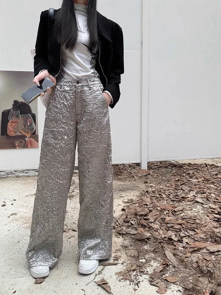Joskaa 2024 Spring New Silvery Ruched Cargo Pants Women Fashion Simple High Waist Straight Trousers Y2k Grunge Loose Wide Leg