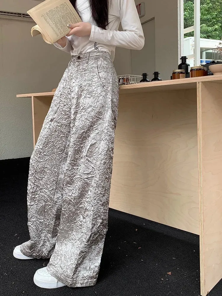 Joskaa 2024 Spring New Silvery Ruched Cargo Pants Women Fashion Simple High Waist Straight Trousers Y2k Grunge Loose Wide Leg