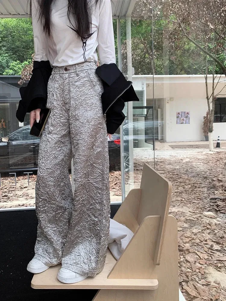 Joskaa 2024 Spring New Silvery Ruched Cargo Pants Women Fashion Simple High Waist Straight Trousers Y2k Grunge Loose Wide Leg