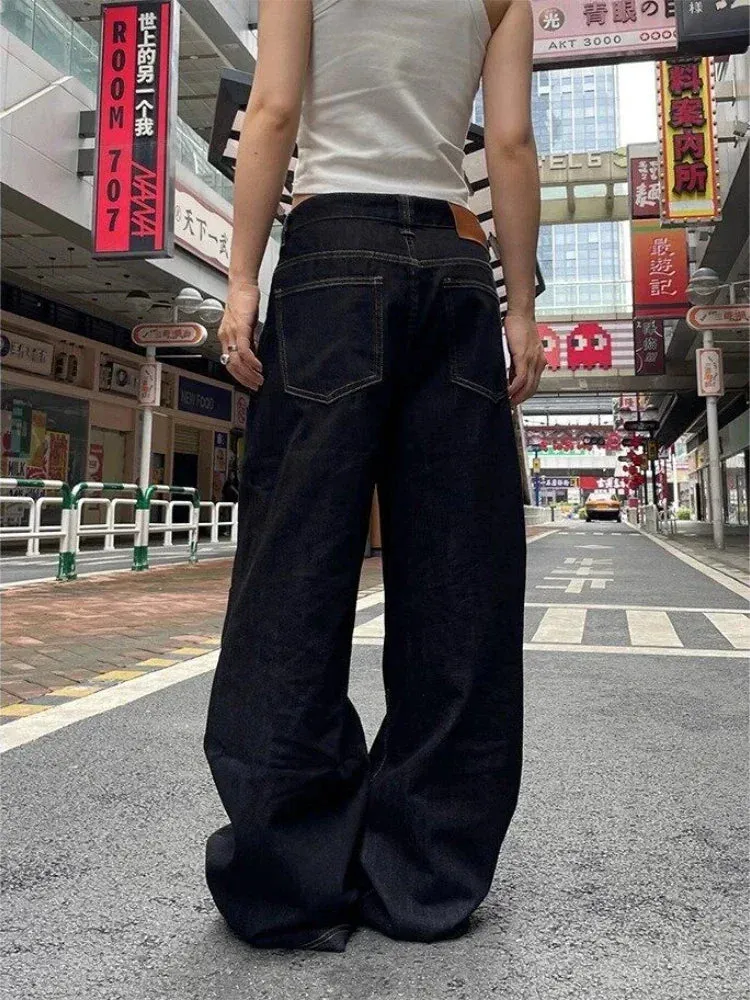 Vevesc Grunge Black Jeans Women Y2k Vintage Oversized High Street Wide Cargo Denim Trousers Casual Baggy Straight Denim Pants