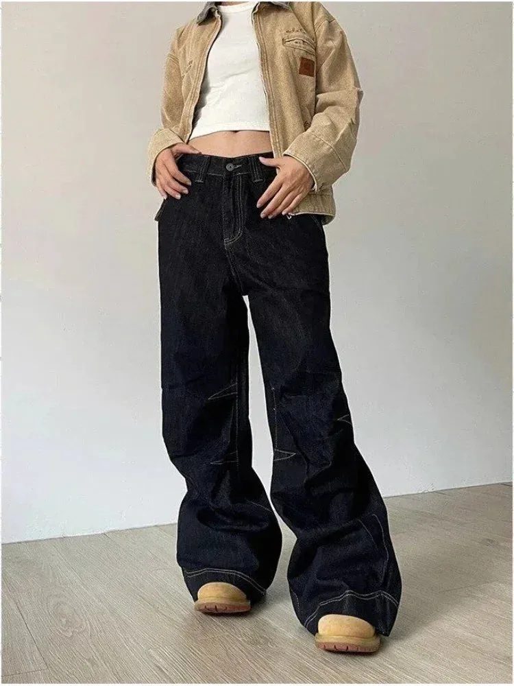 Vevesc Grunge Black Jeans Women Y2k Vintage Oversized High Street Wide Cargo Denim Trousers Casual Baggy Straight Denim Pants