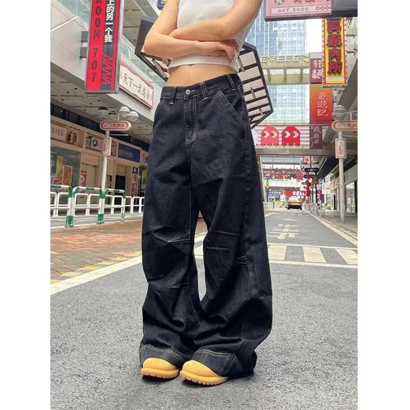 Vevesc Grunge Black Jeans Women Y2k Vintage Oversized High Street Wide Cargo Denim Trousers Casual Baggy Straight Denim Pants