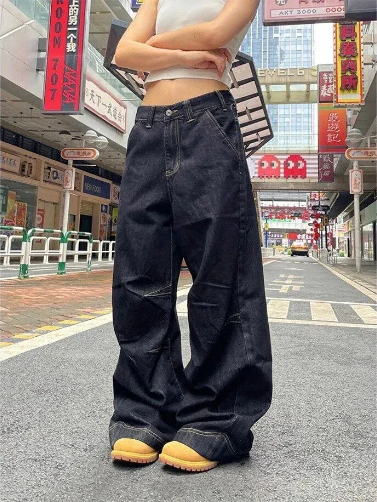 Vevesc Grunge Black Jeans Women Y2k Vintage Oversized High Street Wide Cargo Denim Trousers Casual Baggy Straight Denim Pants
