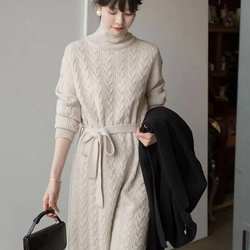 Wjczt Women Clothing Fashion Turtleneck Knitted Dress 2022 Autumn Winter New Lace-up Waist Sweater Skirt Korean Clothes Women Dresses