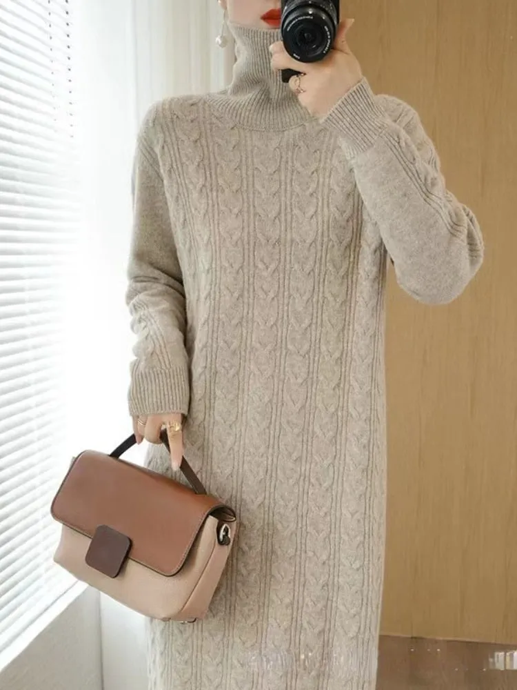 Wjczt Women Clothing Fashion Turtleneck Knitted Dress 2022 Autumn Winter New Lace-up Waist Sweater Skirt Korean Clothes Women Dresses
