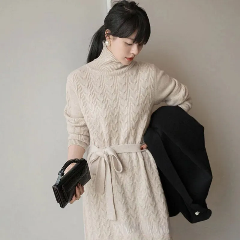 Wjczt Women Clothing Fashion Turtleneck Knitted Dress 2022 Autumn Winter New Lace-up Waist Sweater Skirt Korean Clothes Women Dresses