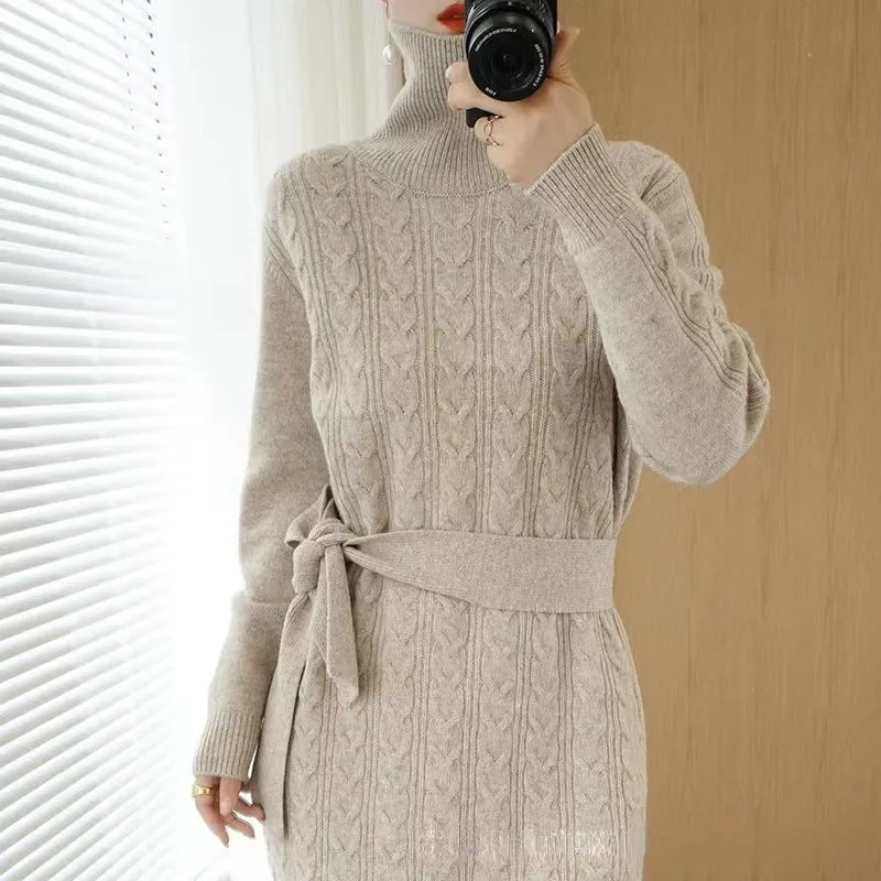Wjczt Women Clothing Fashion Turtleneck Knitted Dress 2022 Autumn Winter New Lace-up Waist Sweater Skirt Korean Clothes Women Dresses